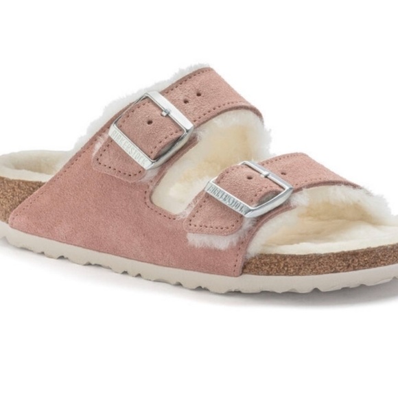 BIRKENSTOCK x Free People Arizona 5 Pink Suede Genuine Ivory Shearling Sandals - Picture 2 of 10
